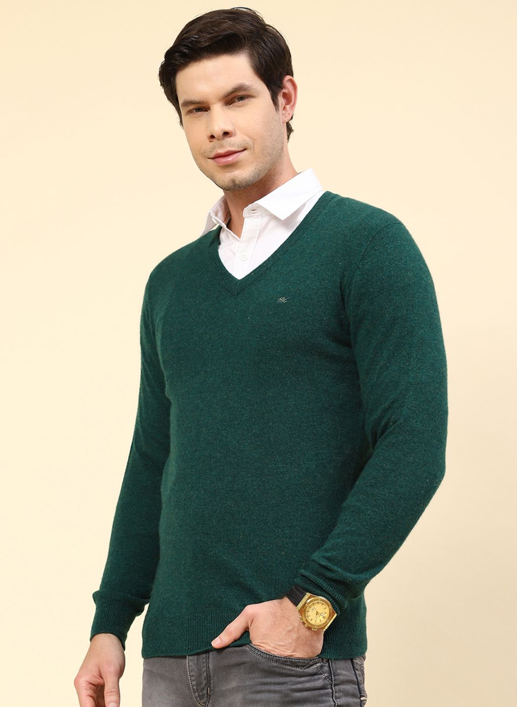 Men Green Solid Lamb wool Pullover