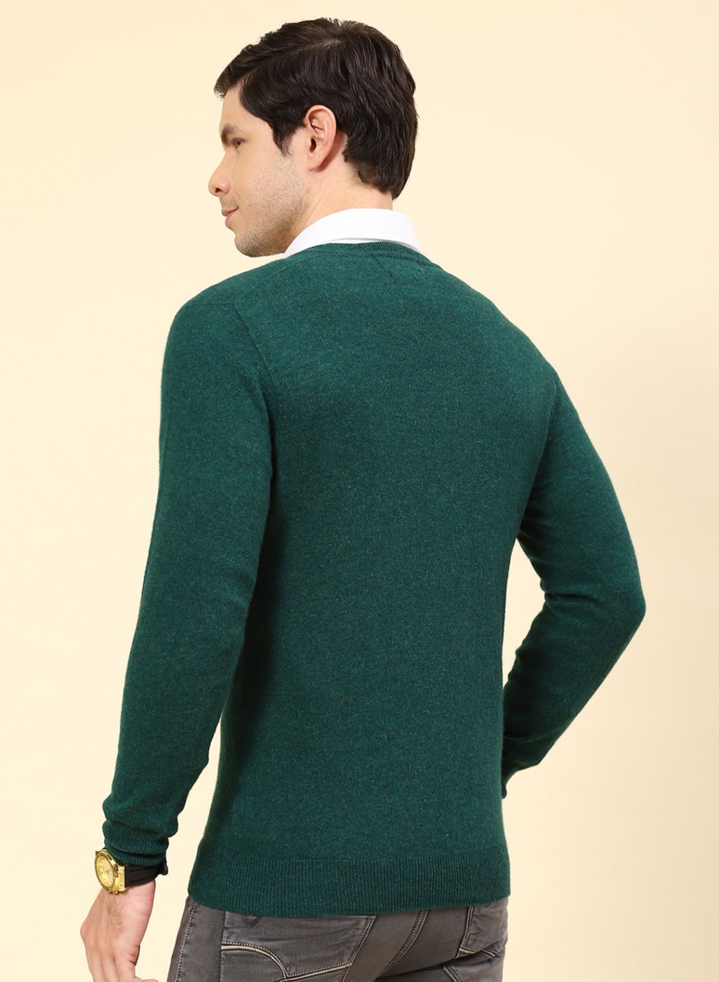 Men Green Solid Lamb wool Pullover