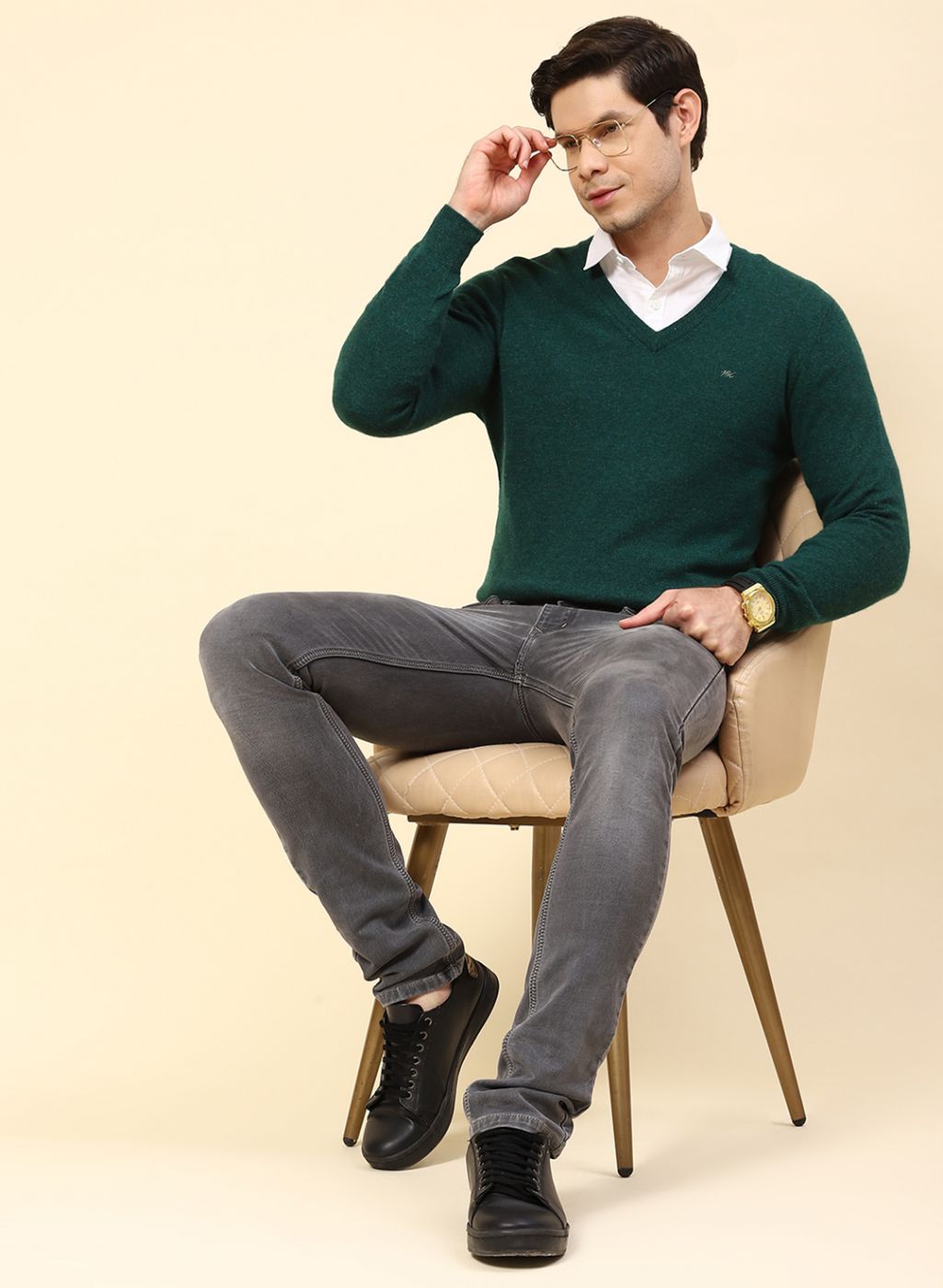 Men Green Solid Lamb wool Pullover