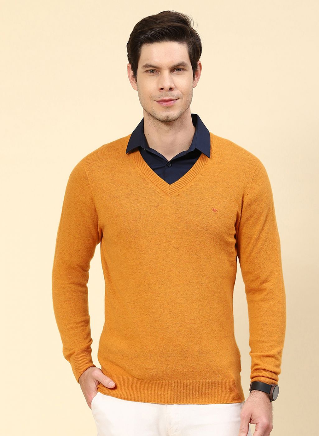 Men Mustard Solid Lamb wool Pullover