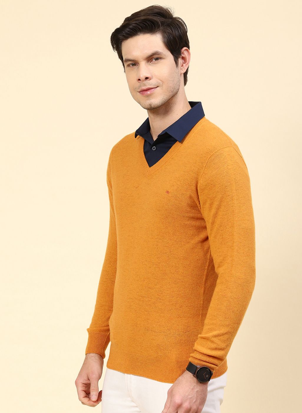 Men Mustard Solid Lamb wool Pullover