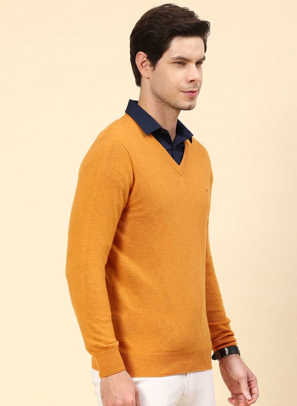 Men Mustard Solid Lamb wool Pullover