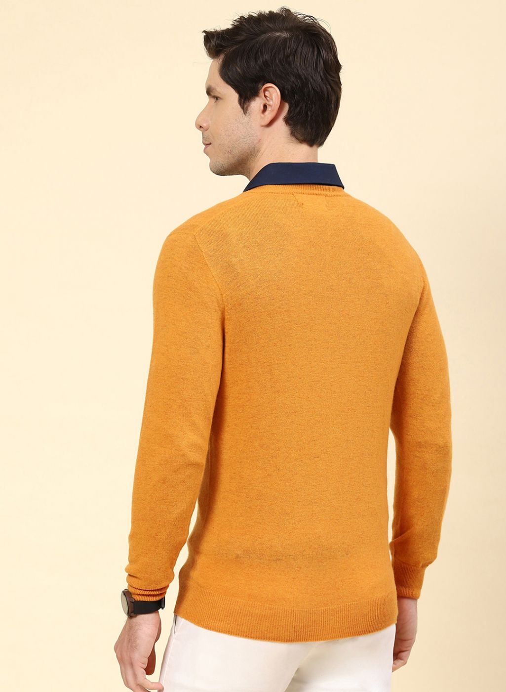 Men Mustard Solid Lamb wool Pullover