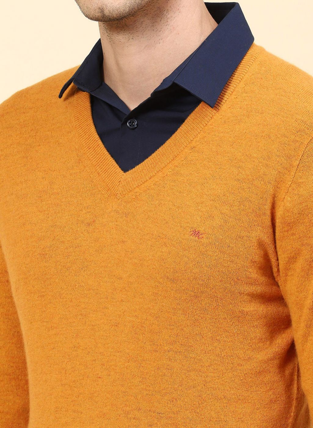 Men Mustard Solid Lamb wool Pullover