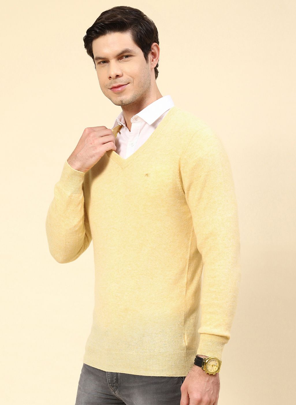 Men Yellow Solid Lamb wool Pullover