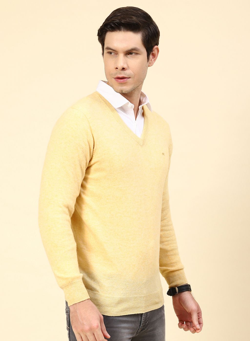 Men Yellow Solid Lamb wool Pullover