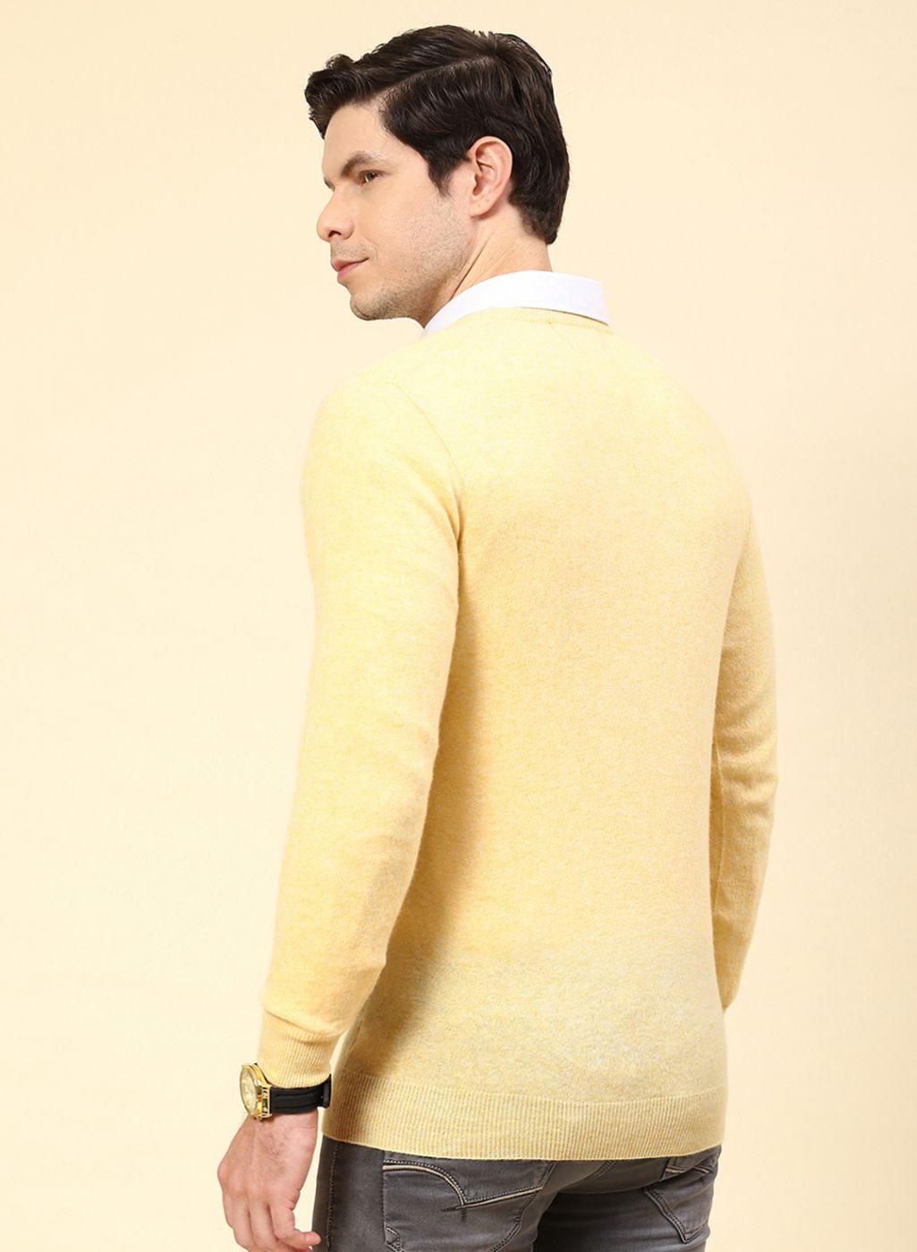 Men Yellow Solid Lamb wool Pullover