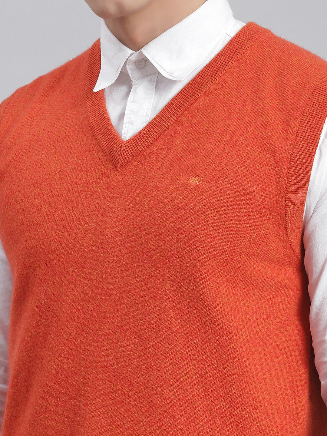 Men Orange Solid V Neck Sleeveless Sweaters/Pullovers