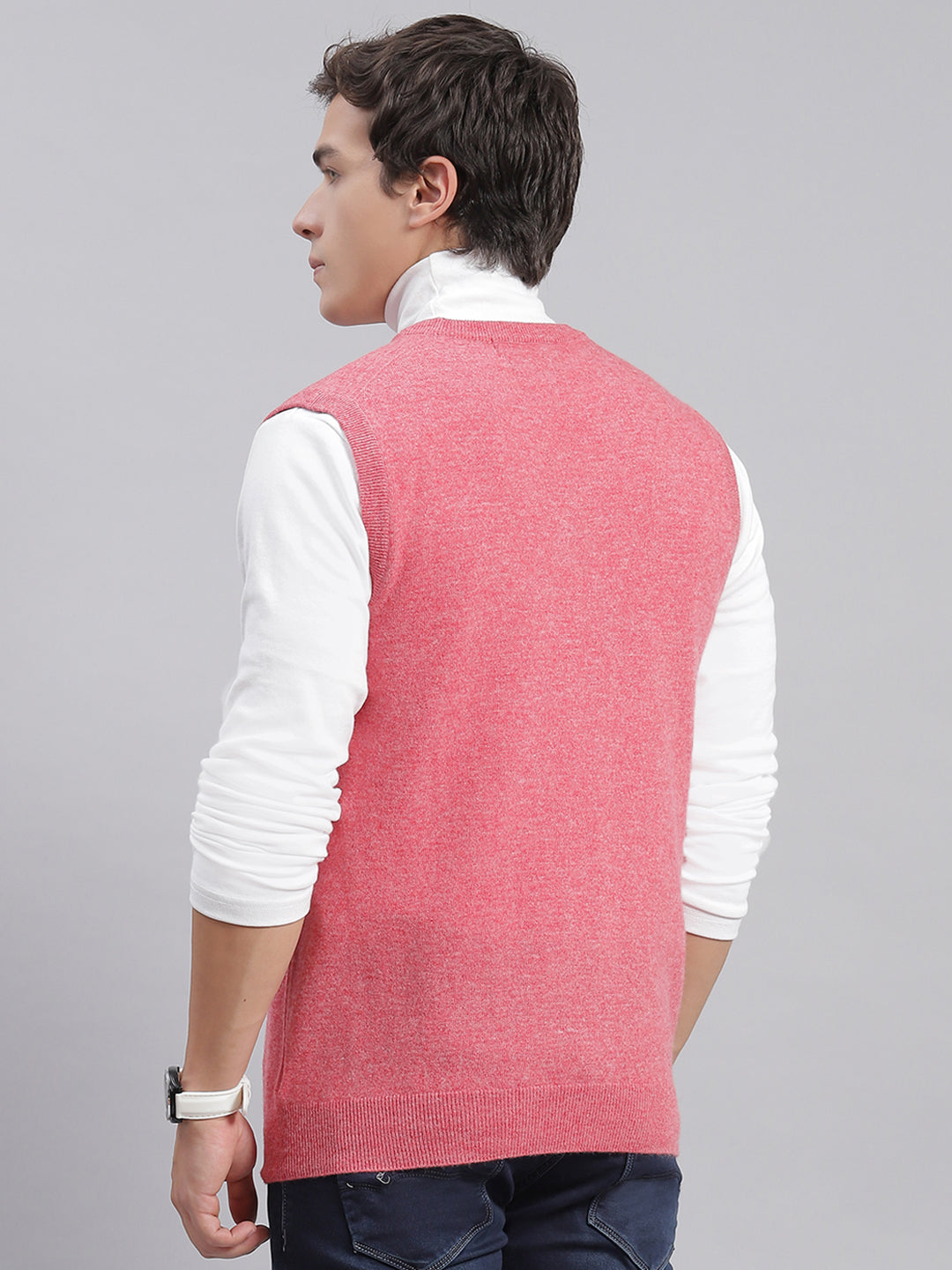 Men Pink Solid V Neck Sleeveless Sweaters/Pullovers