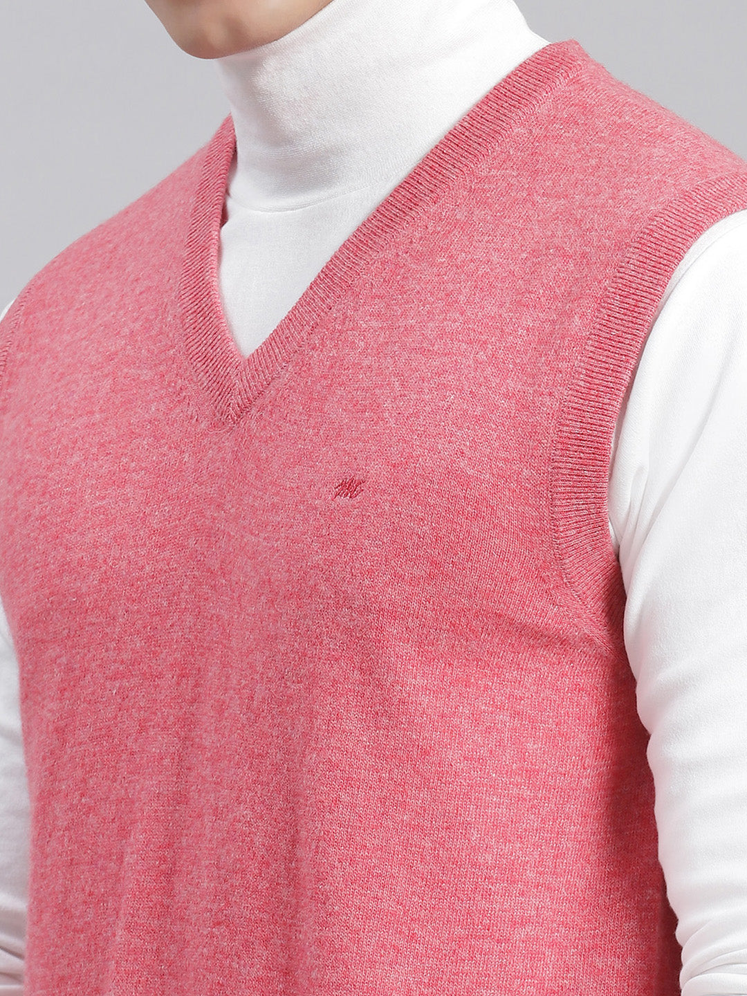 Men Pink Solid V Neck Sleeveless Sweaters/Pullovers