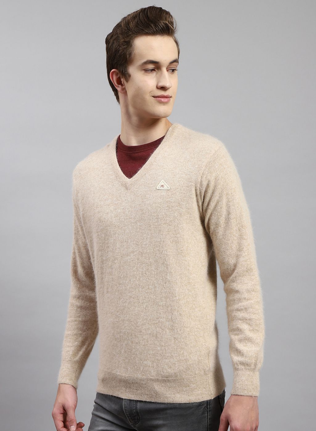 Men Light Brown Solid Angoora Pullover