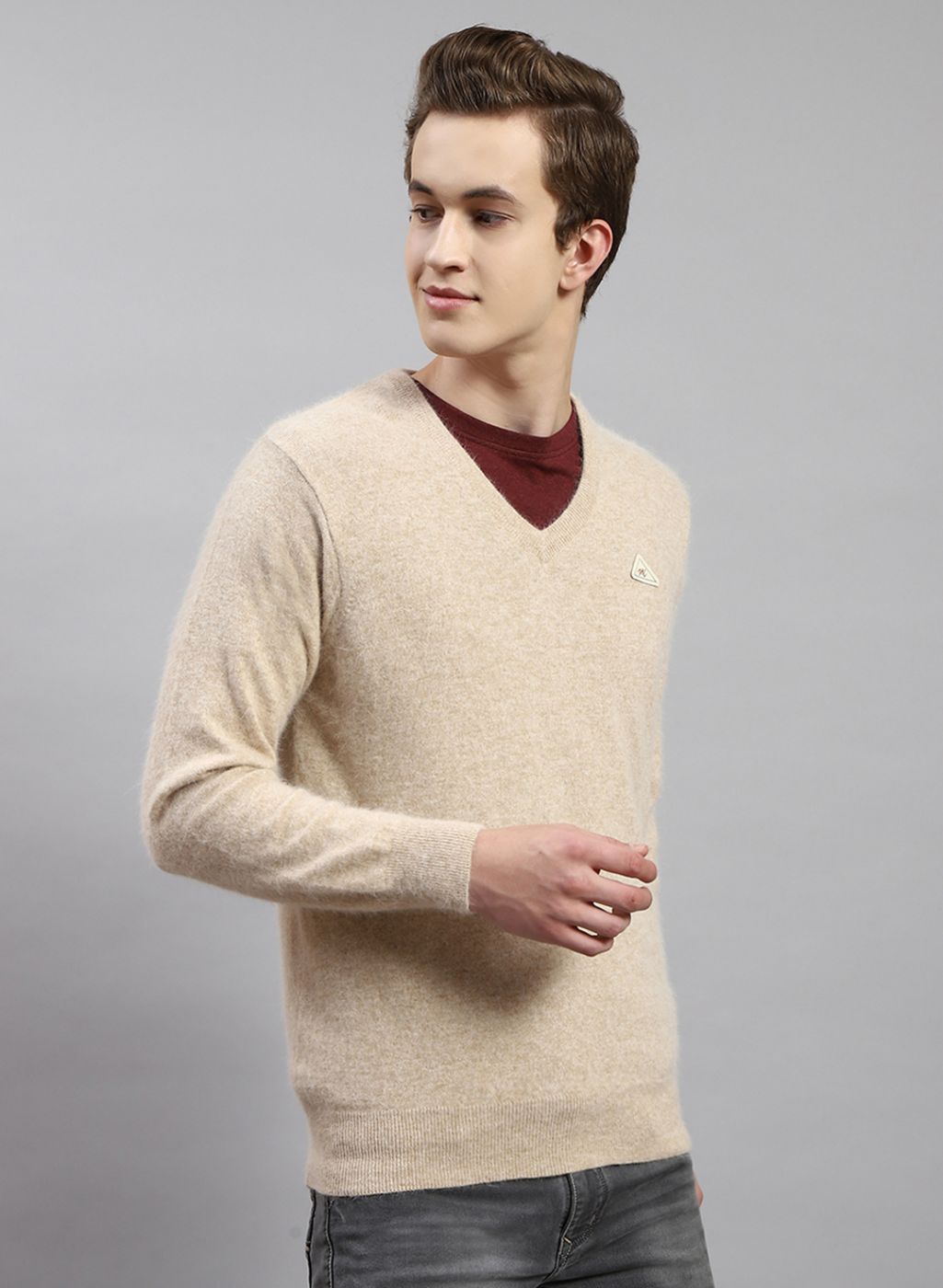 Men Light Brown Solid Angoora Pullover