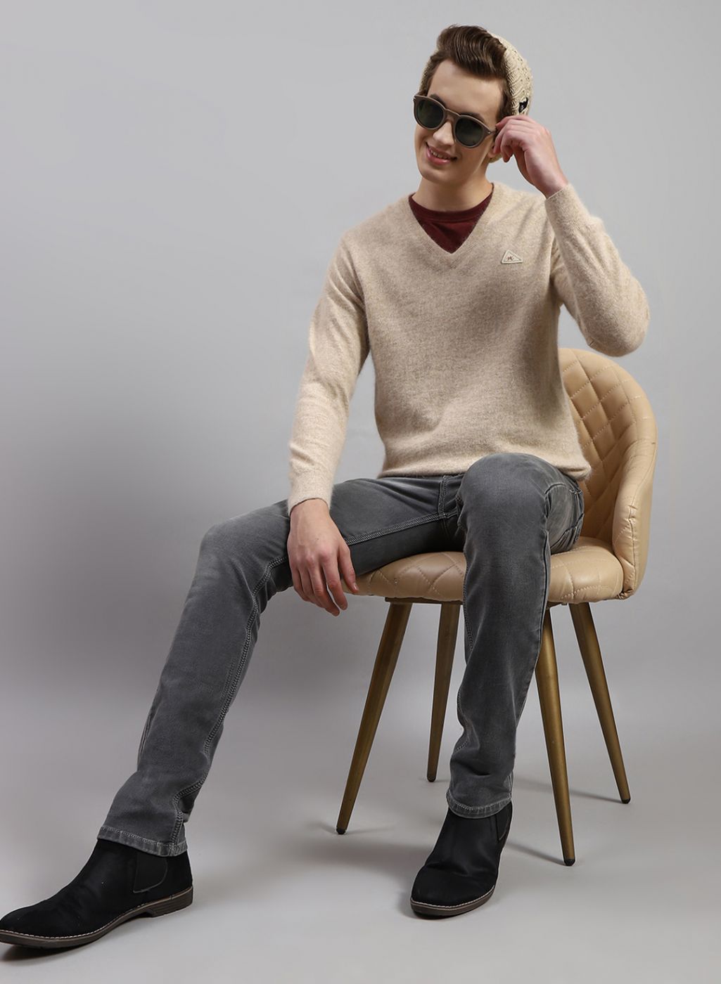 Men Light Brown Solid Angoora Pullover