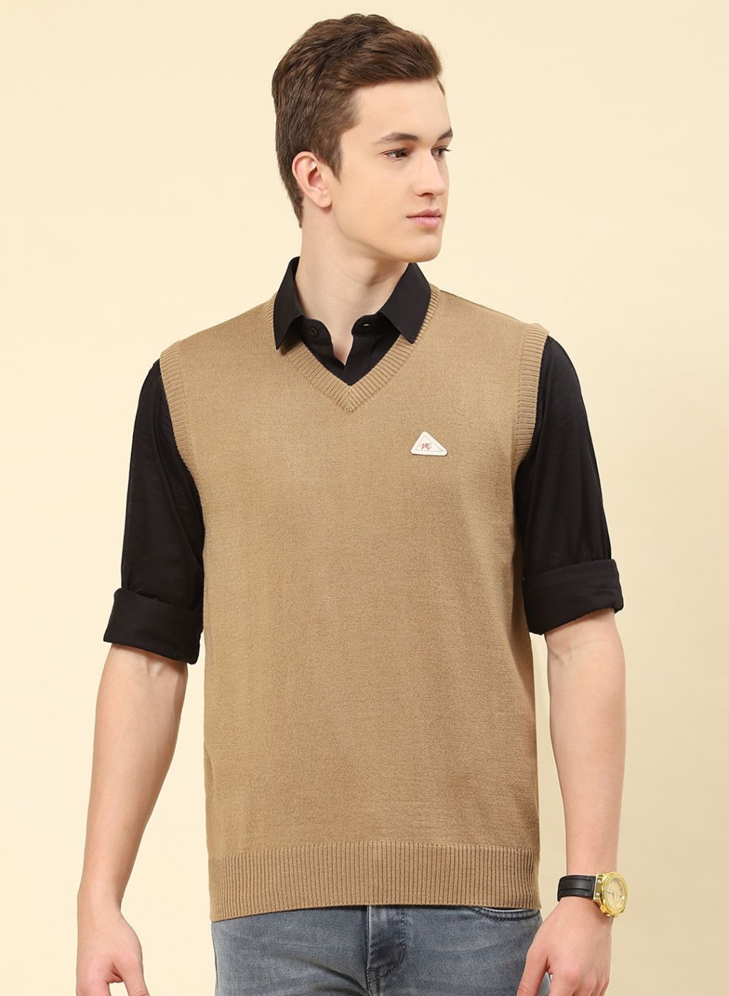 Men Beige Solid Blend wool Sweater