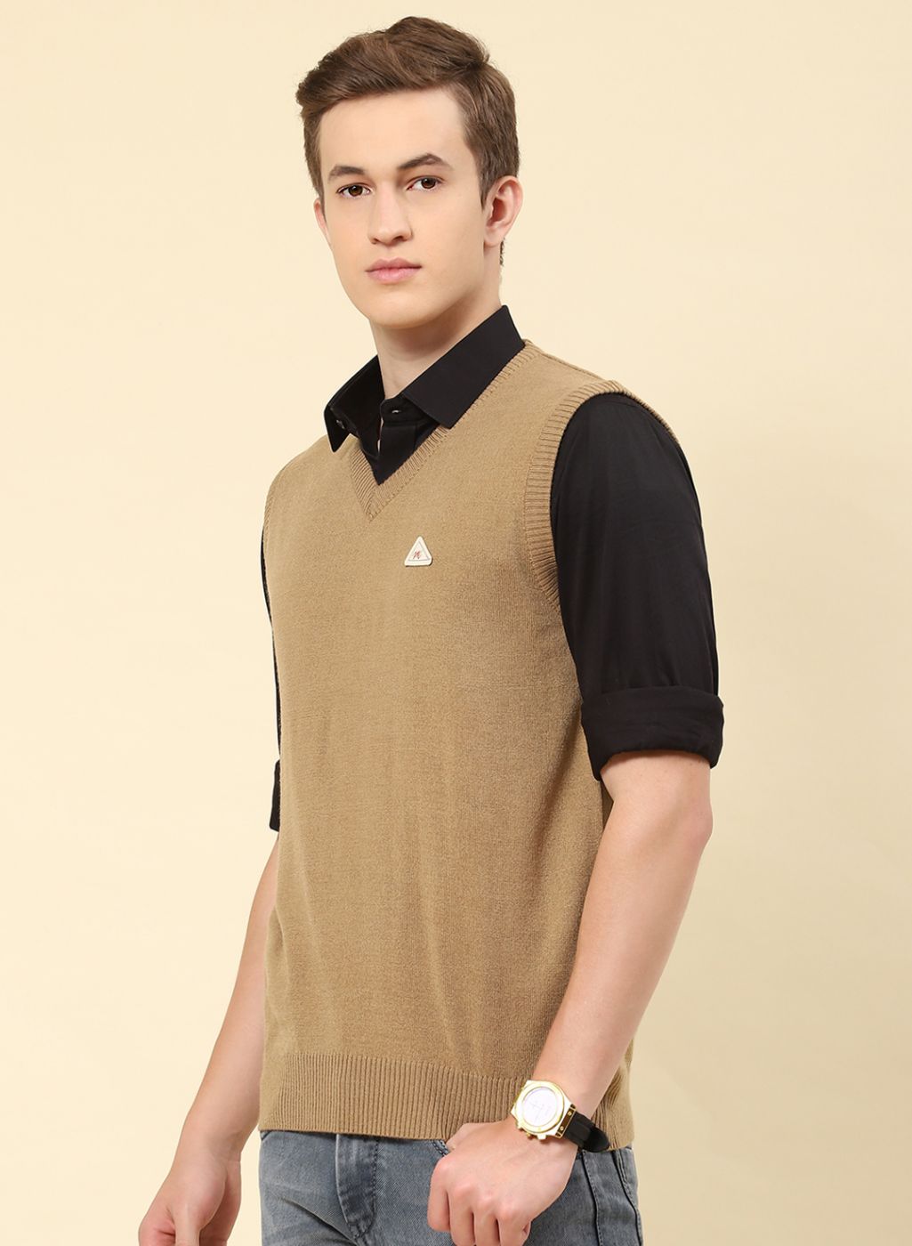 Men Beige Solid Blend wool Sweater