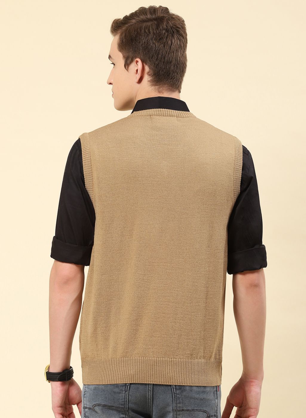 Men Beige Solid Blend wool Sweater