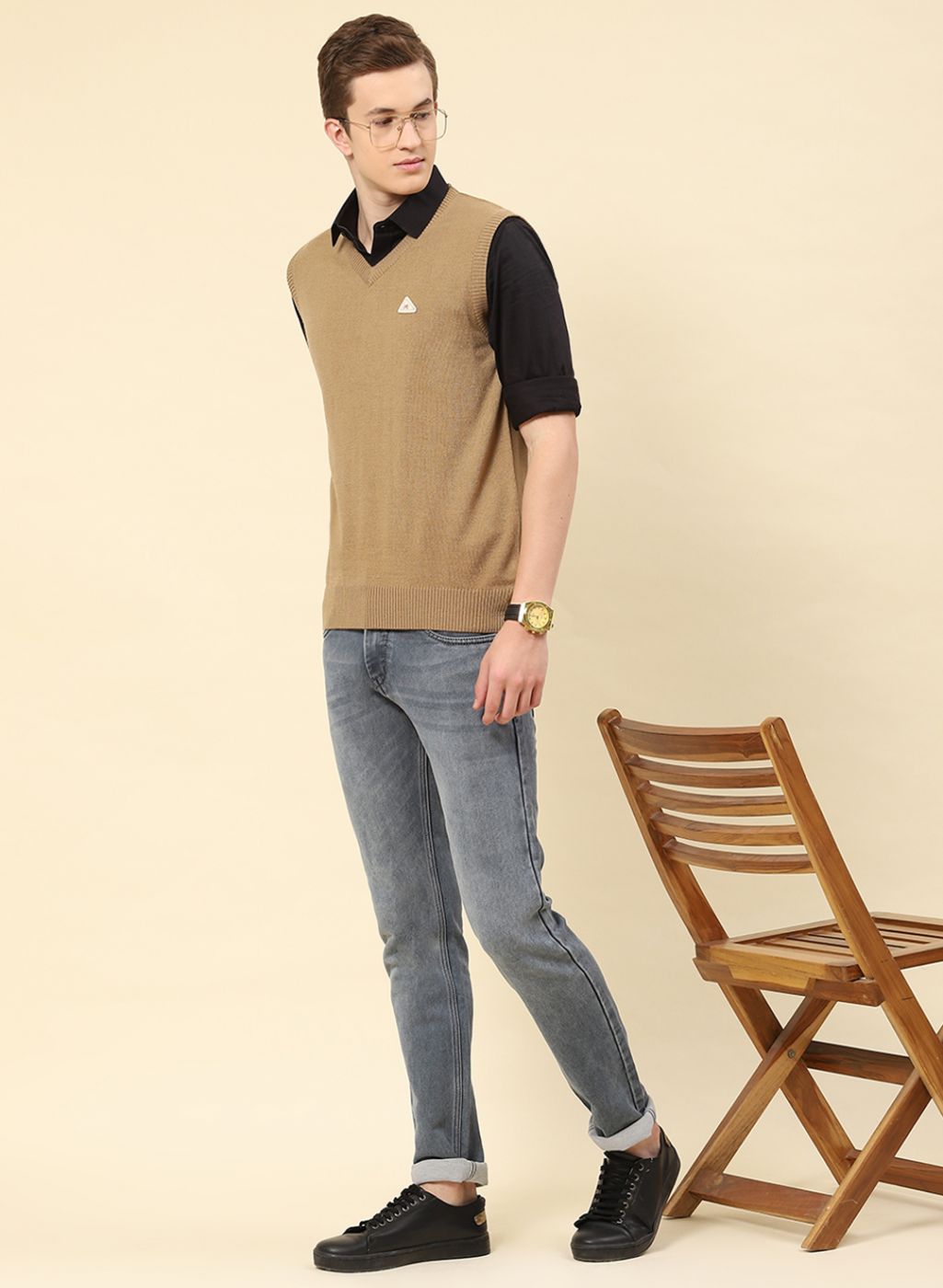 Men Beige Solid Blend wool Sweater