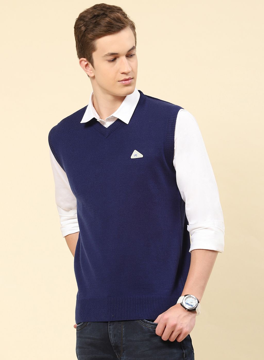 Men Blue Solid Blend wool Sweater