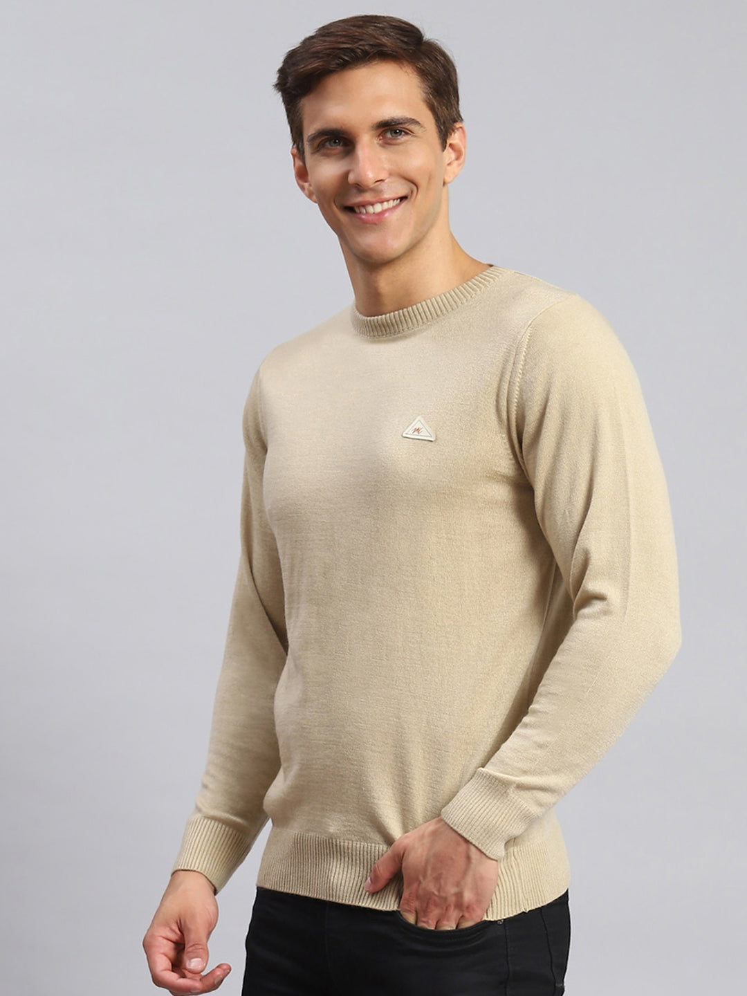 Men Camel Brown Solid Wool blend Pullover