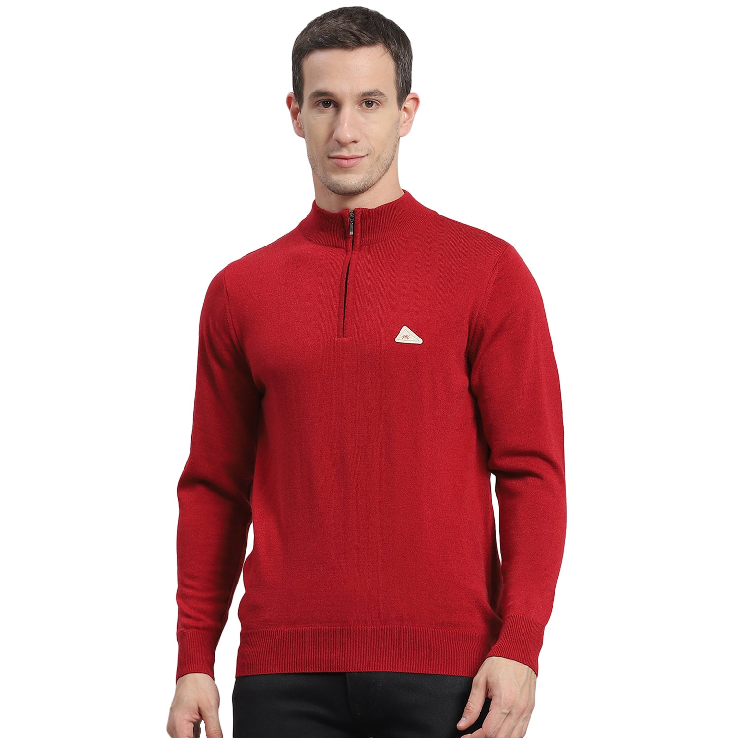 Men Red Solid H Neck Full Sleeve Sweater