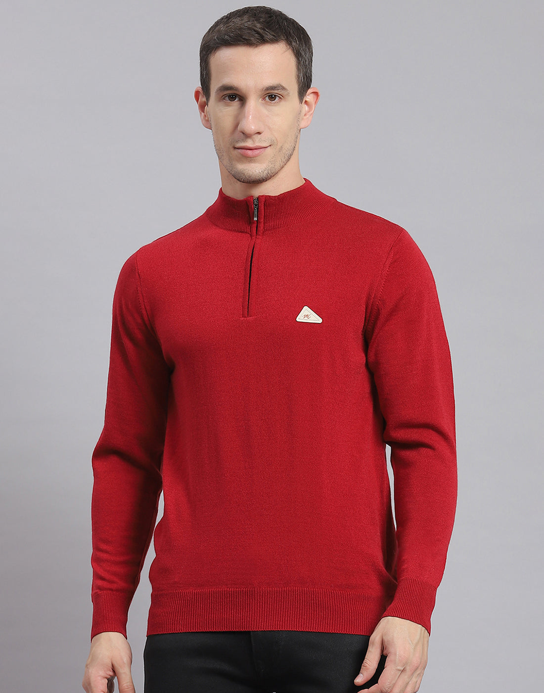 Men Red Solid H Neck Full Sleeve Sweater