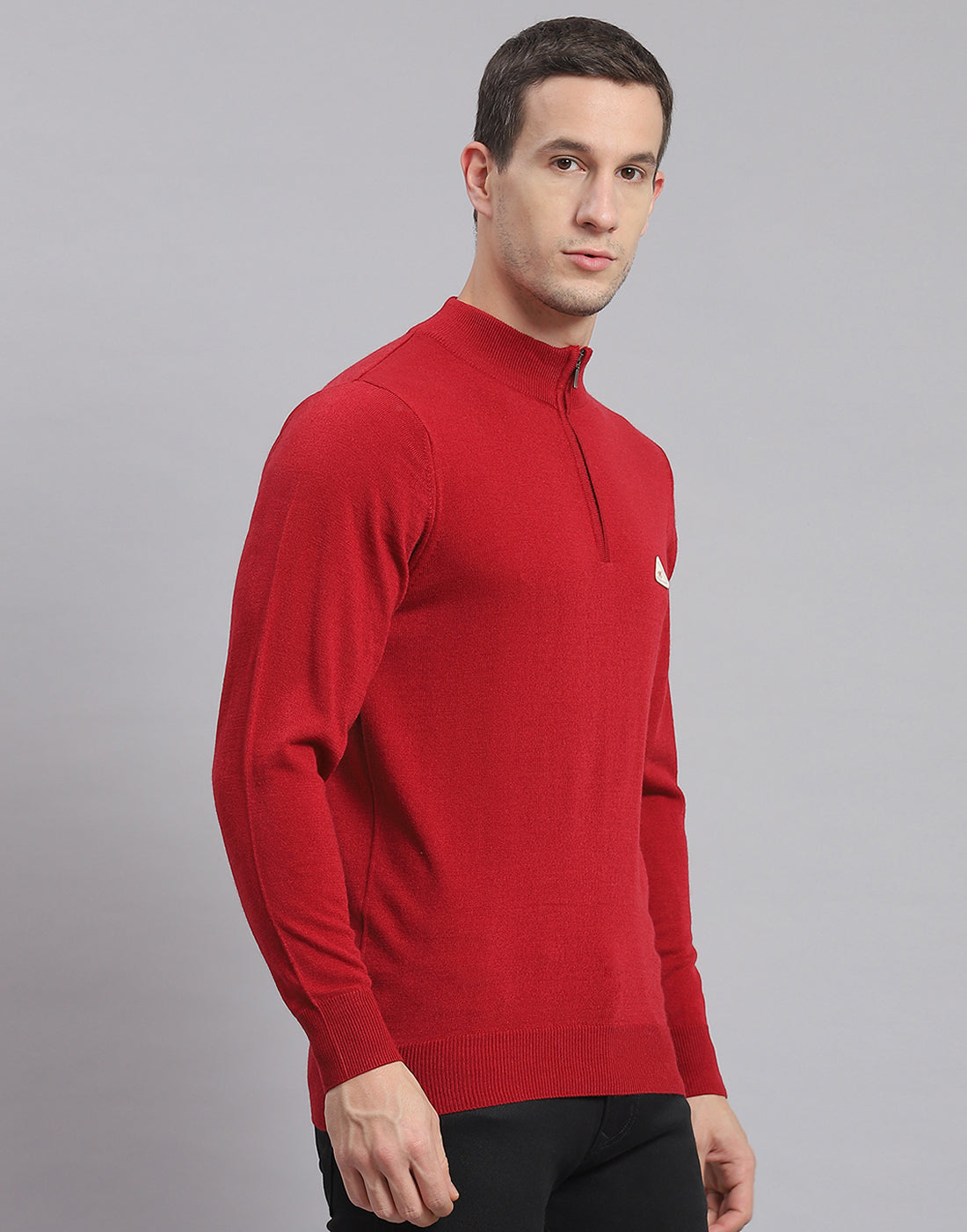 Men Red Solid H Neck Full Sleeve Sweater