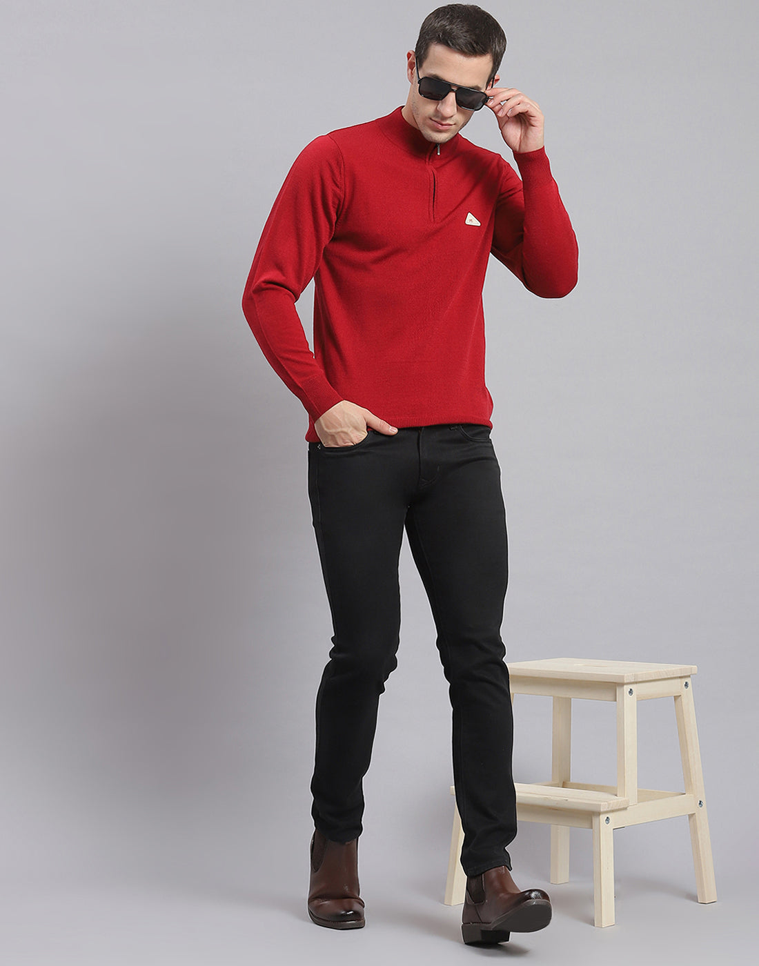 Men Red Solid H Neck Full Sleeve Sweater