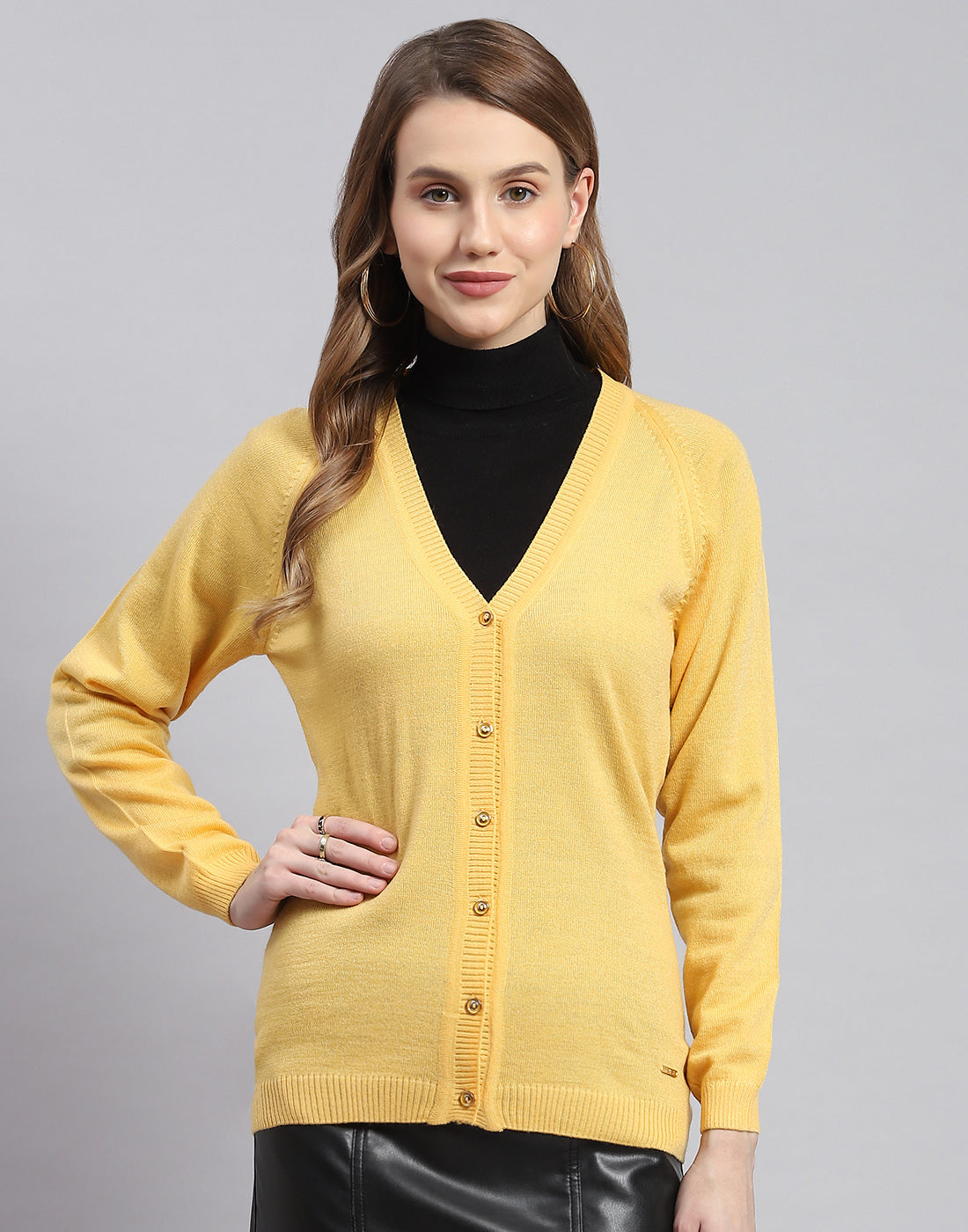 Women Yellow Solid V Neck Full Sleeve Cardigans