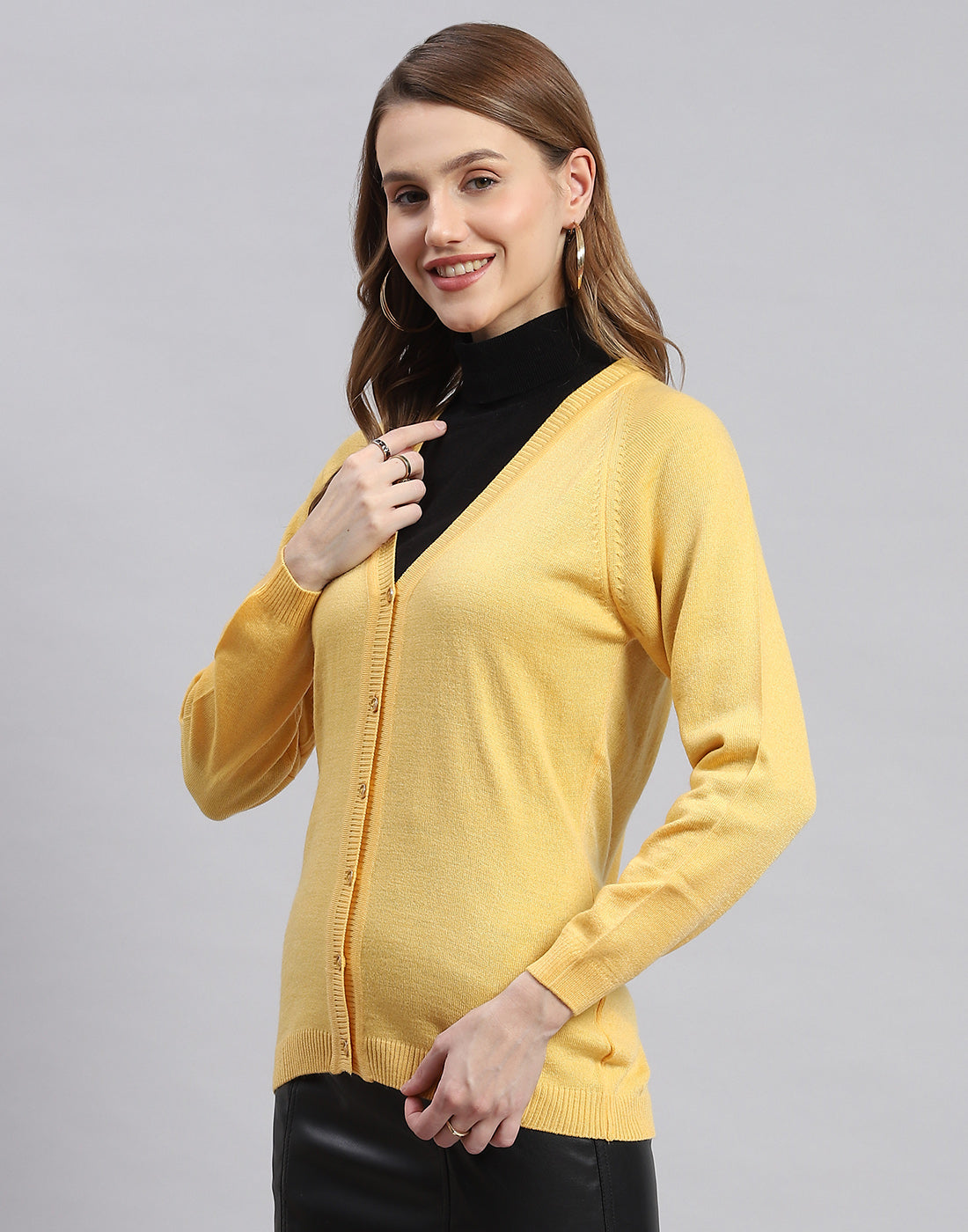 Women Yellow Solid V Neck Full Sleeve Cardigans