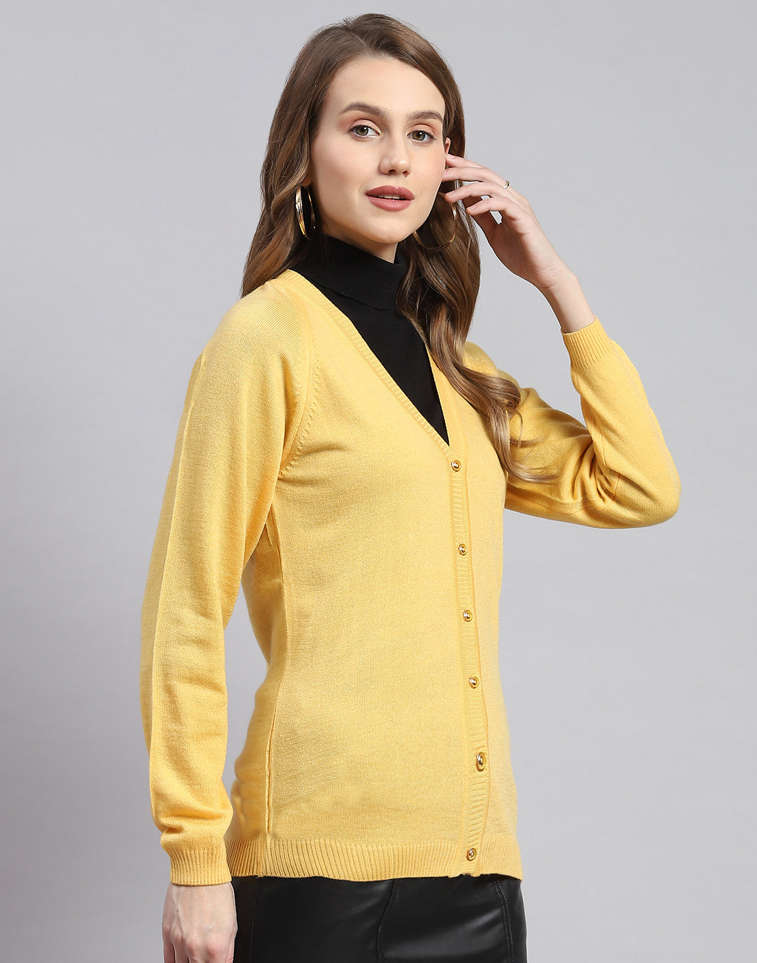 Women Yellow Solid V Neck Full Sleeve Cardigans