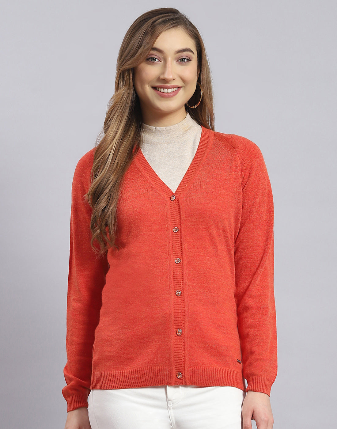 Women Rust Solid V Neck Full Sleeve Sweater