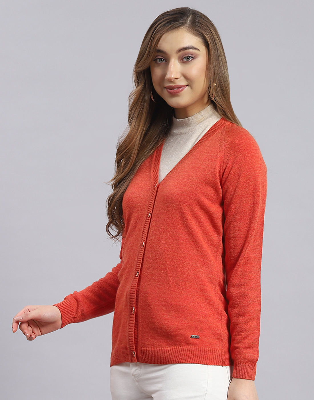 Women Rust Solid V Neck Full Sleeve Sweater