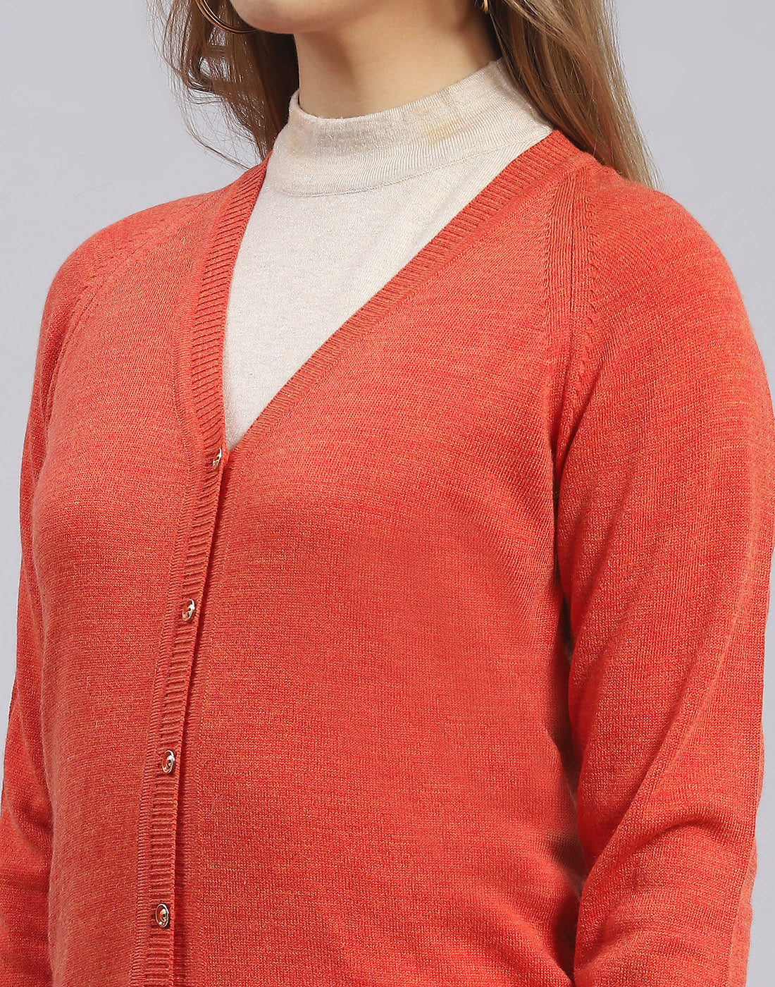 Women Rust Solid V Neck Full Sleeve Sweater