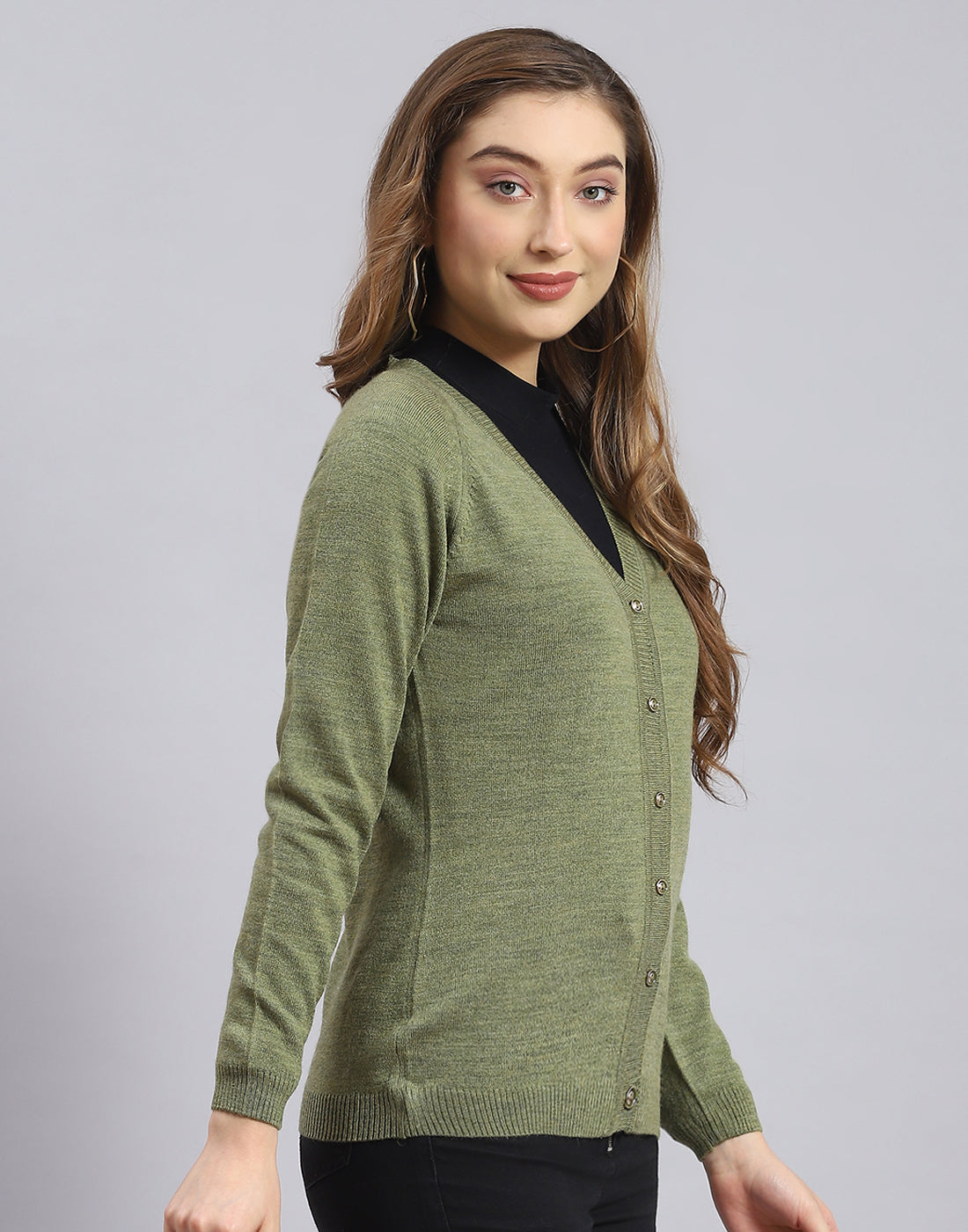 Women Olive Solid V Neck Full Sleeve Sweater