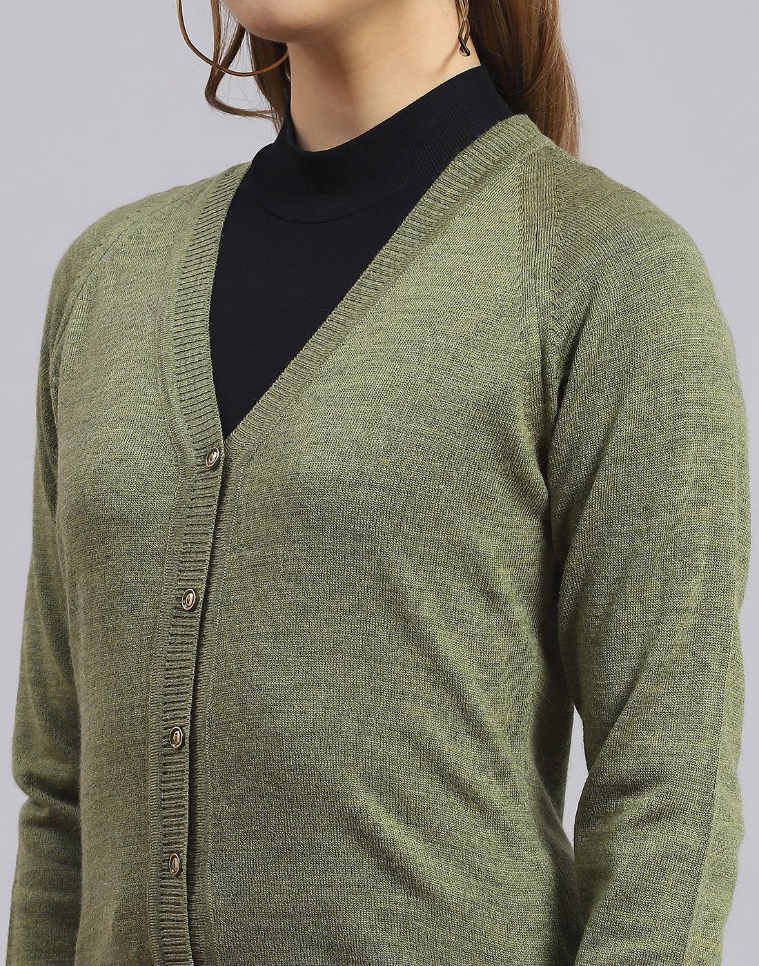 Women Olive Solid V Neck Full Sleeve Sweater