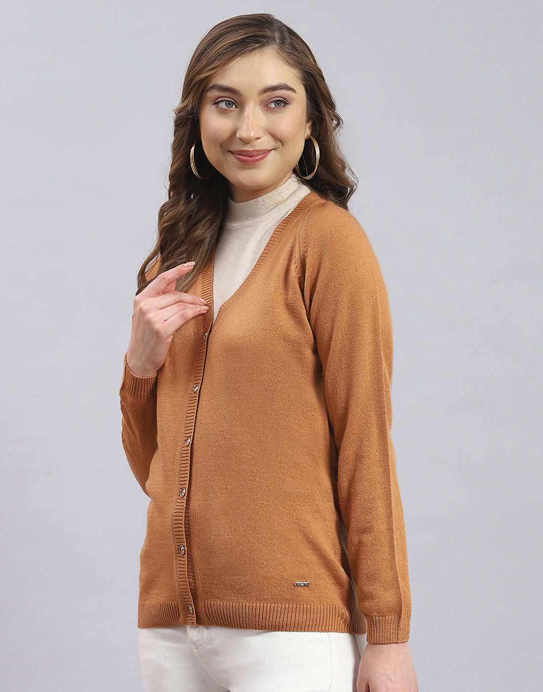 Women Brown Solid V Neck Full Sleeve Sweater