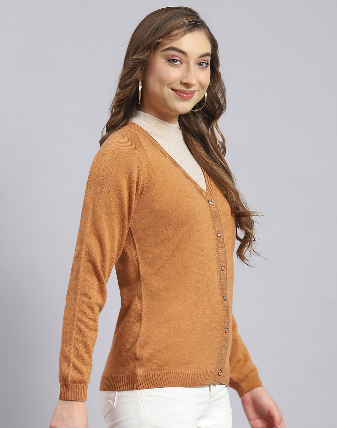 Women Brown Solid V Neck Full Sleeve Sweater