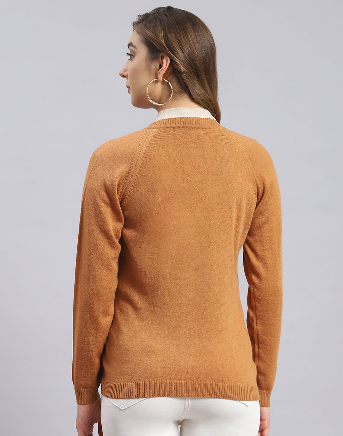 Women Brown Solid V Neck Full Sleeve Sweater