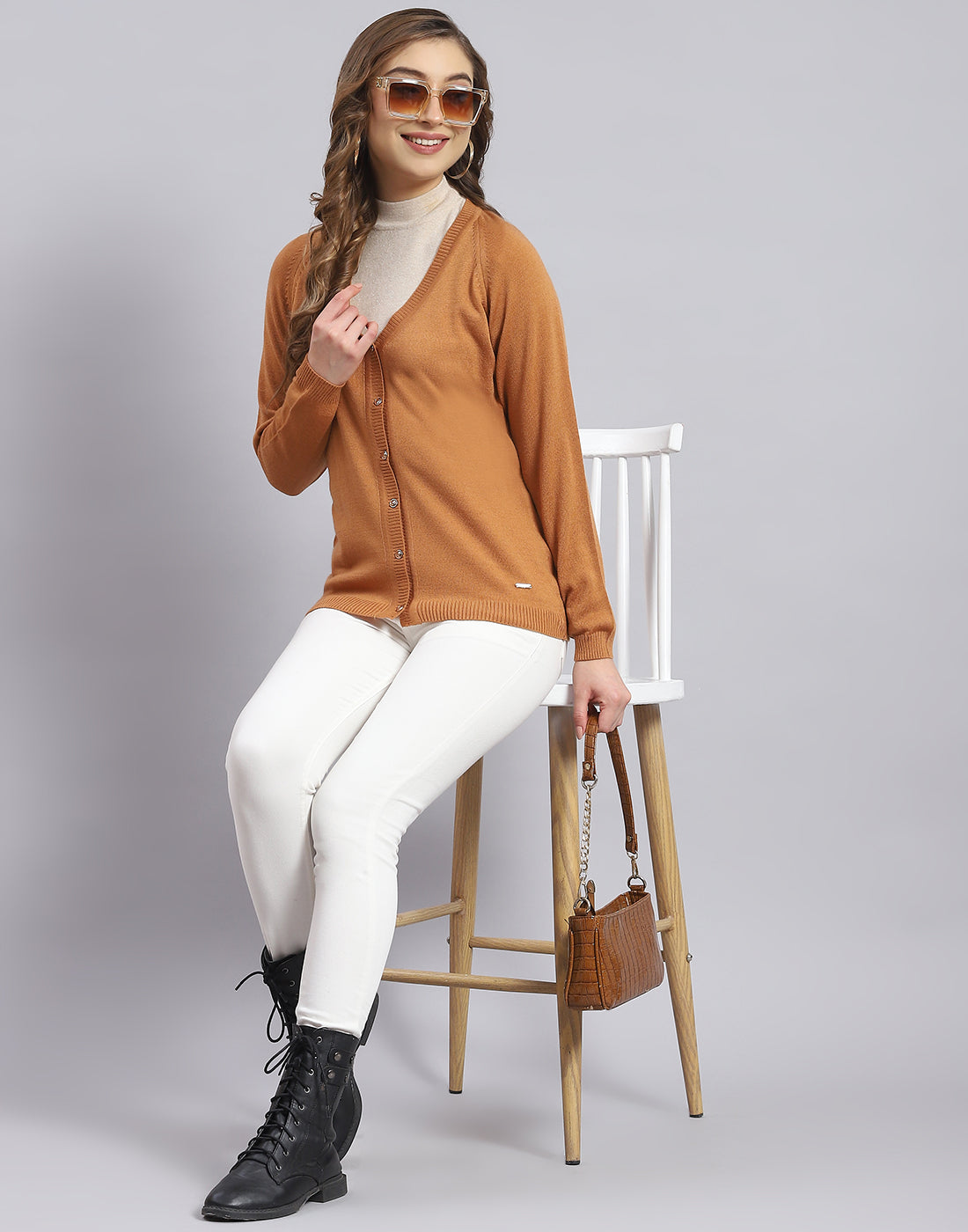 Women Brown Solid V Neck Full Sleeve Sweater