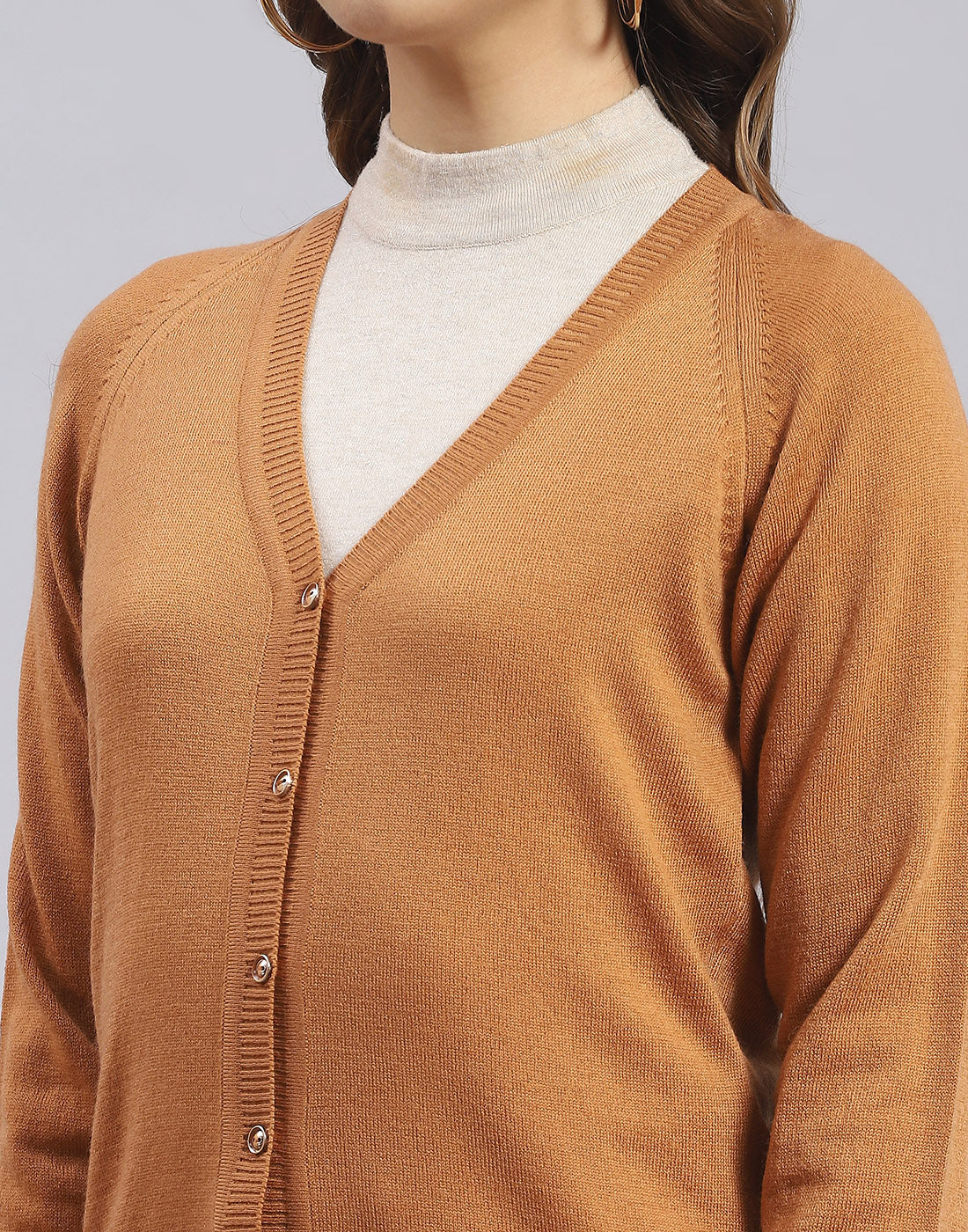 Women Brown Solid V Neck Full Sleeve Sweater