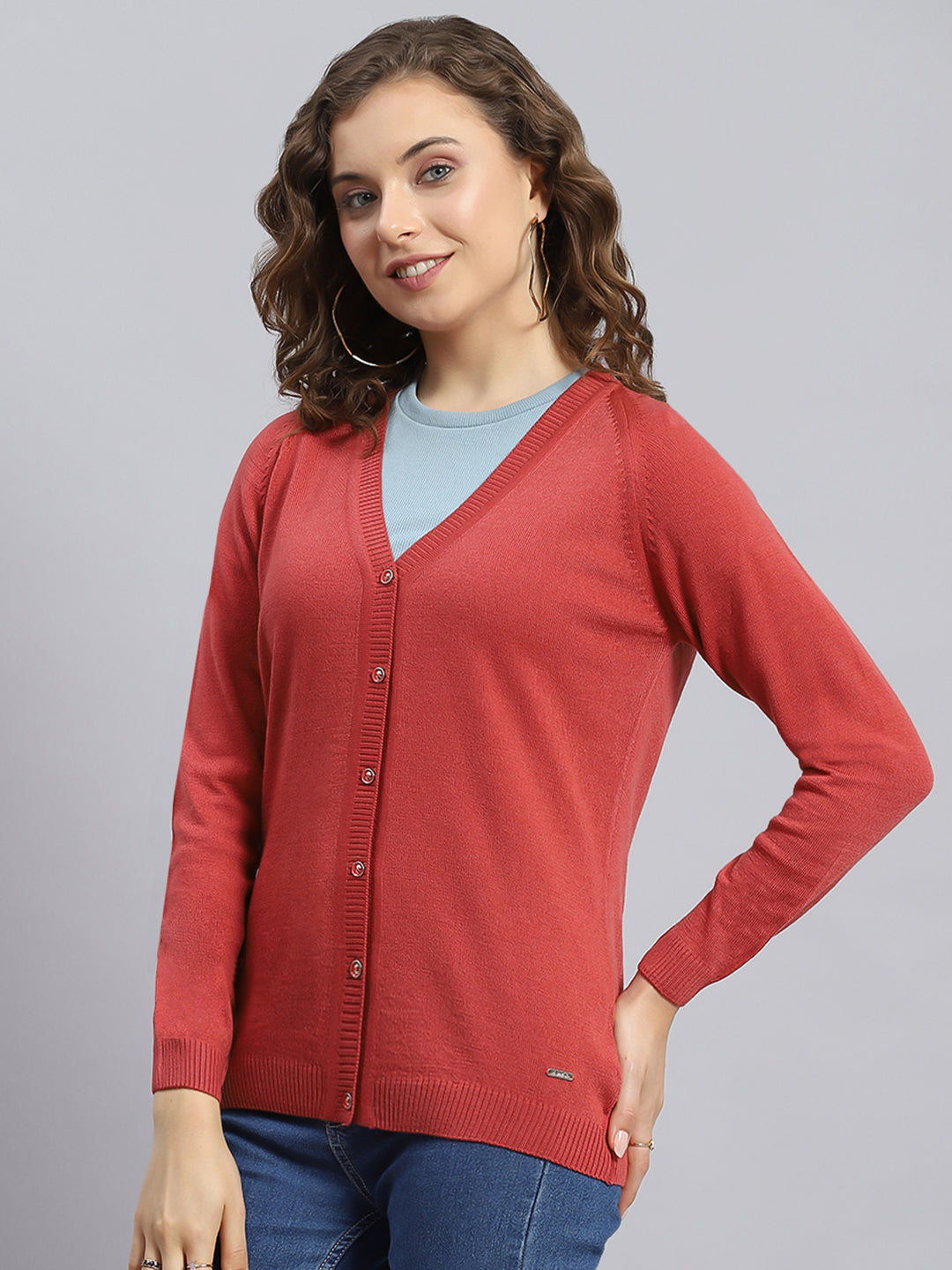 Women Rust Solid V Neck Full Sleeve Cardigans