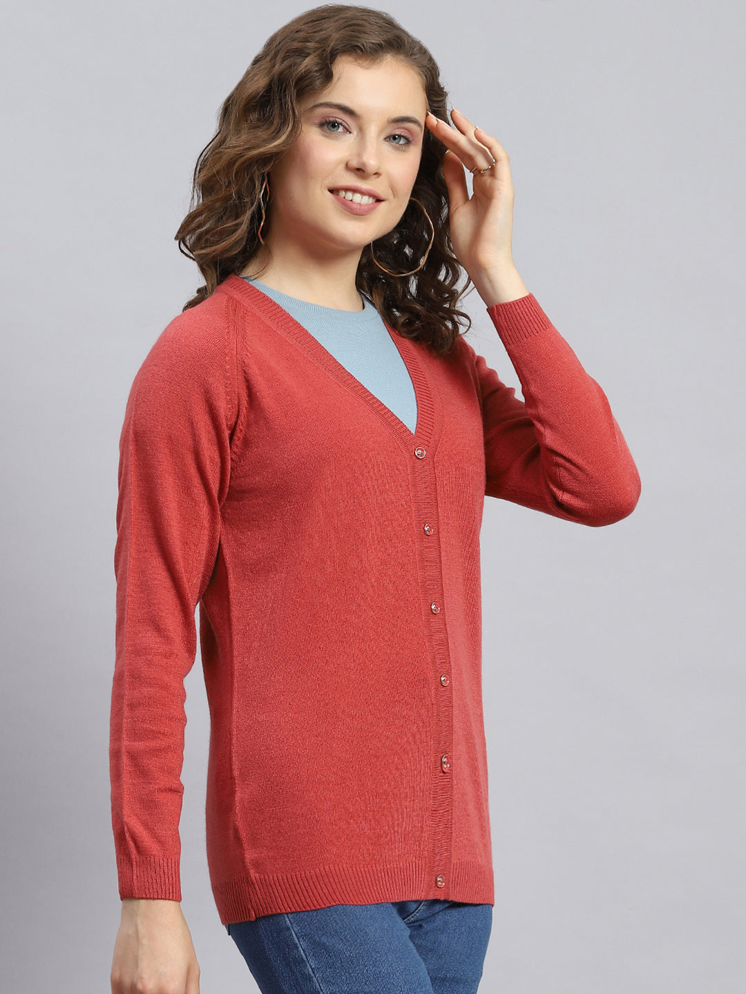 Women Rust Solid V Neck Full Sleeve Cardigans