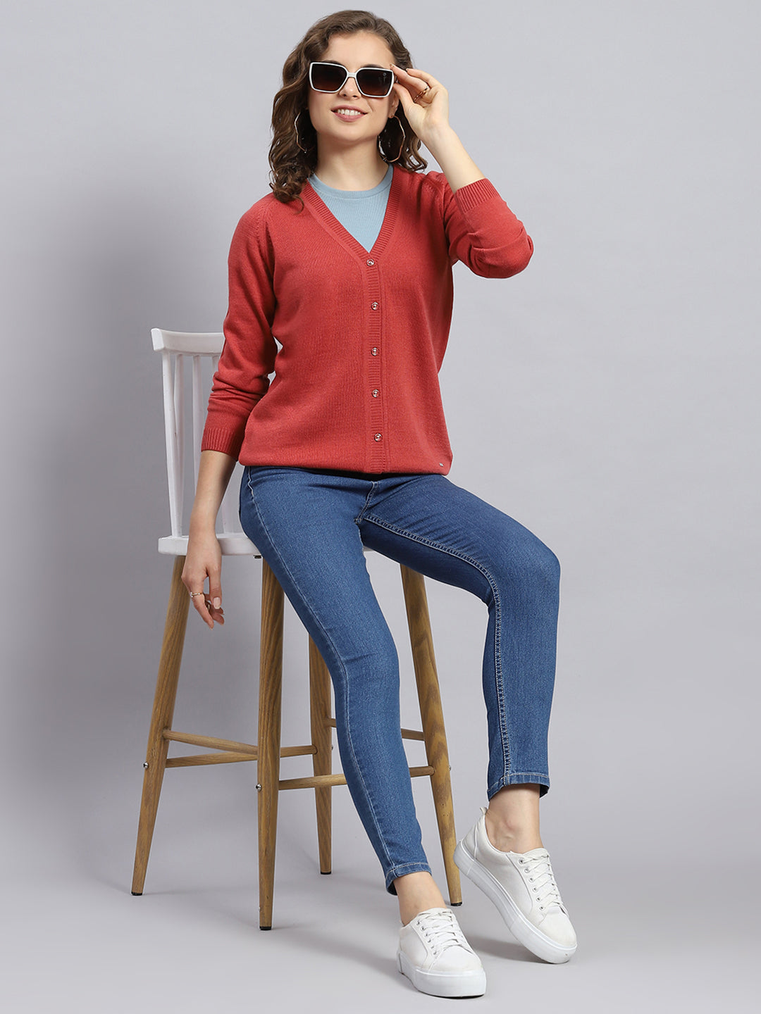 Women Rust Solid V Neck Full Sleeve Cardigans