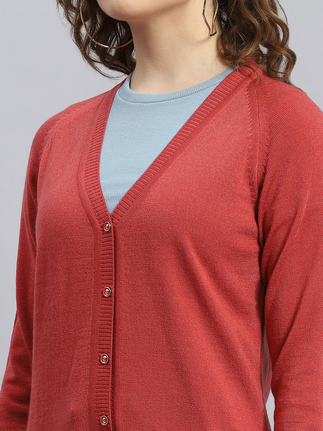 Women Rust Solid V Neck Full Sleeve Cardigans