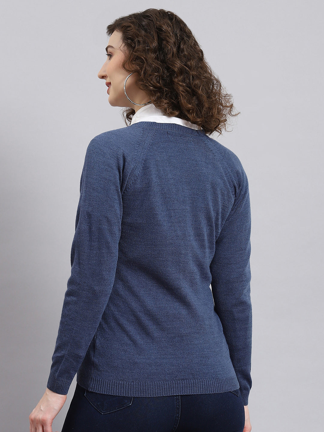 Women Blue Solid V Neck Full Sleeve Cardigan