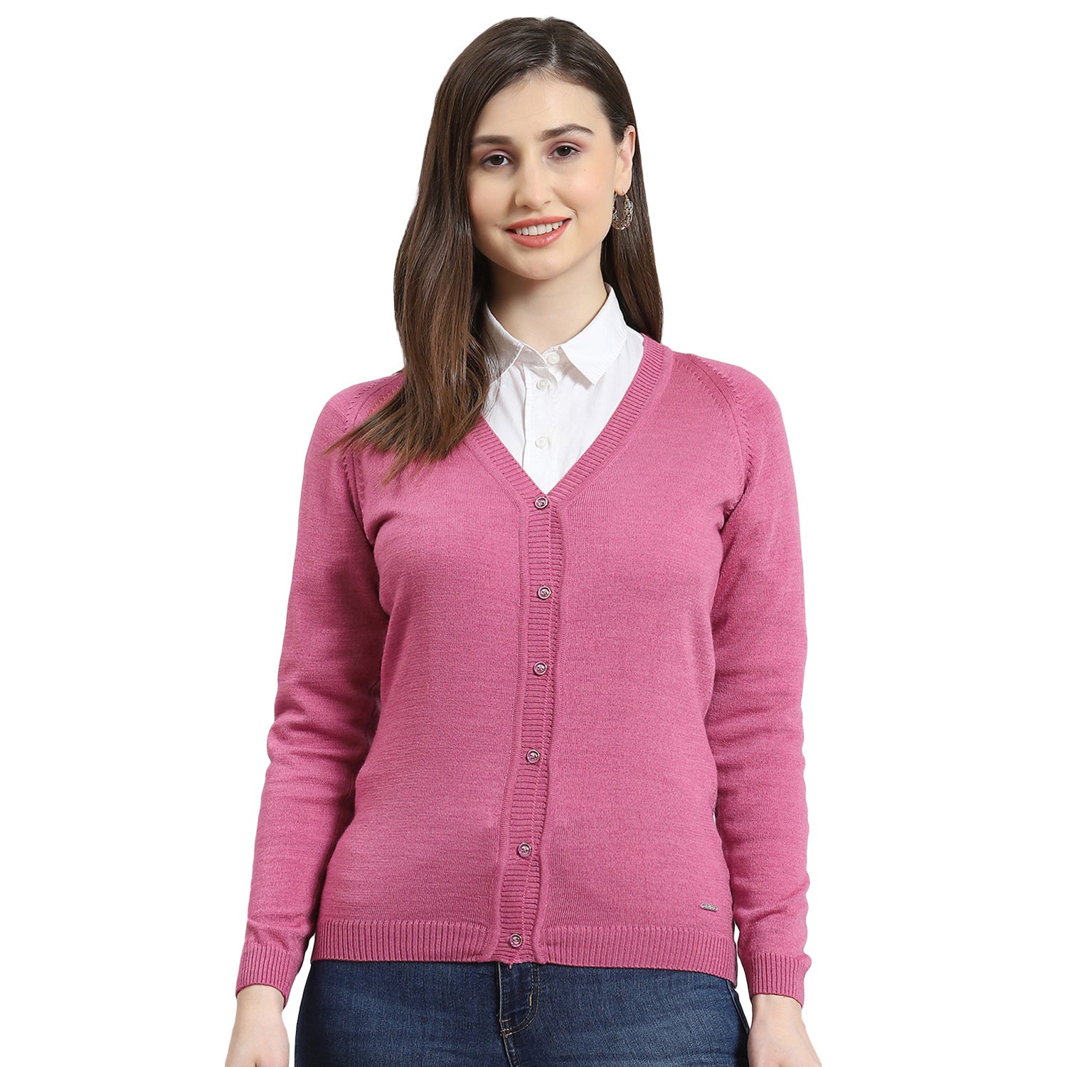 Women Pink Solid V Neck Full Sleeve Cardigan