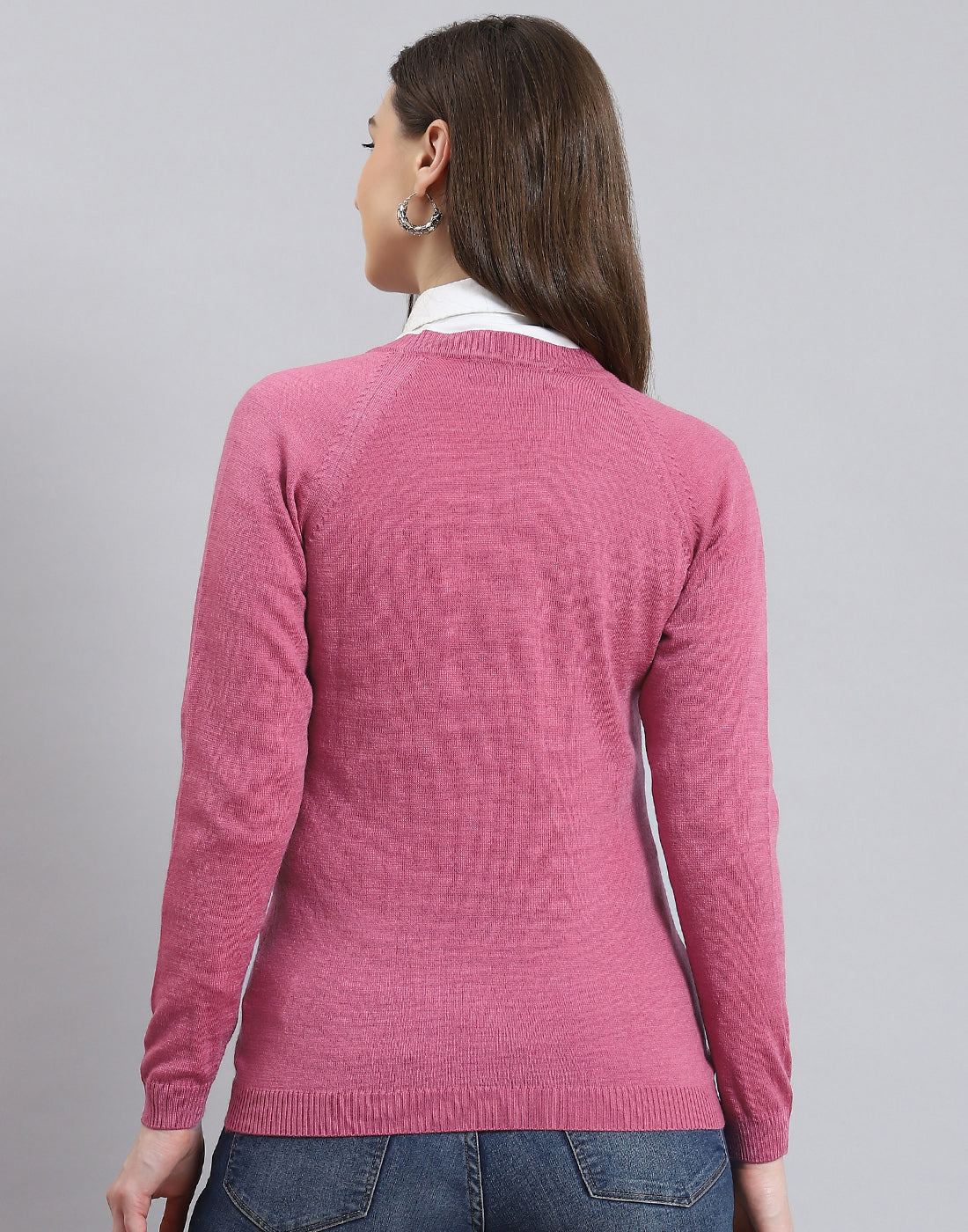 Women Pink Solid V Neck Full Sleeve Cardigan