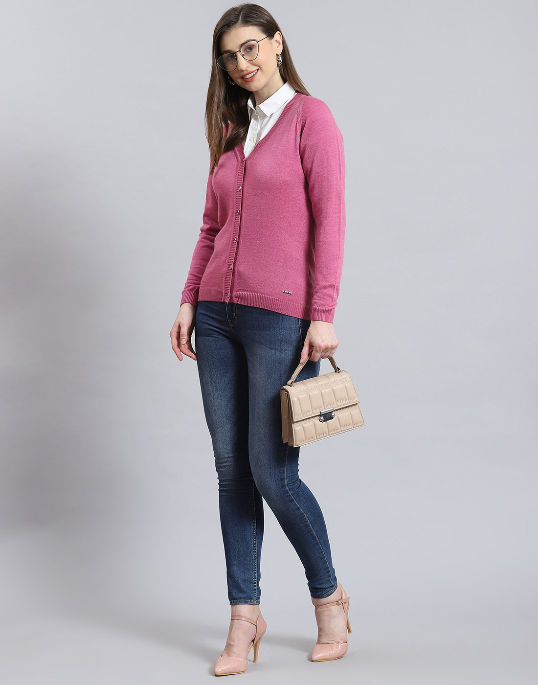 Women Pink Solid V Neck Full Sleeve Cardigan