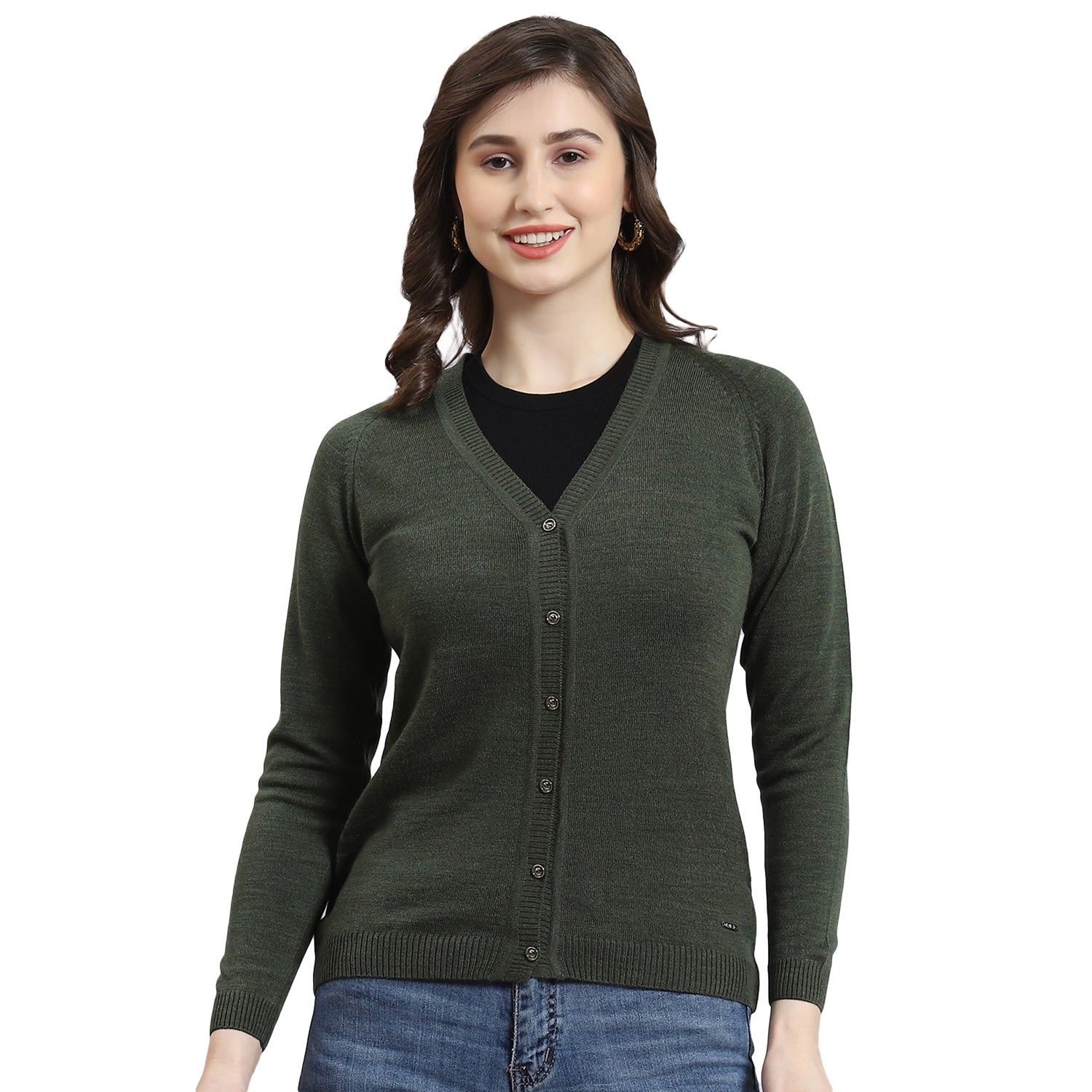 Women Green Solid V Neck Full Sleeve Cardigan