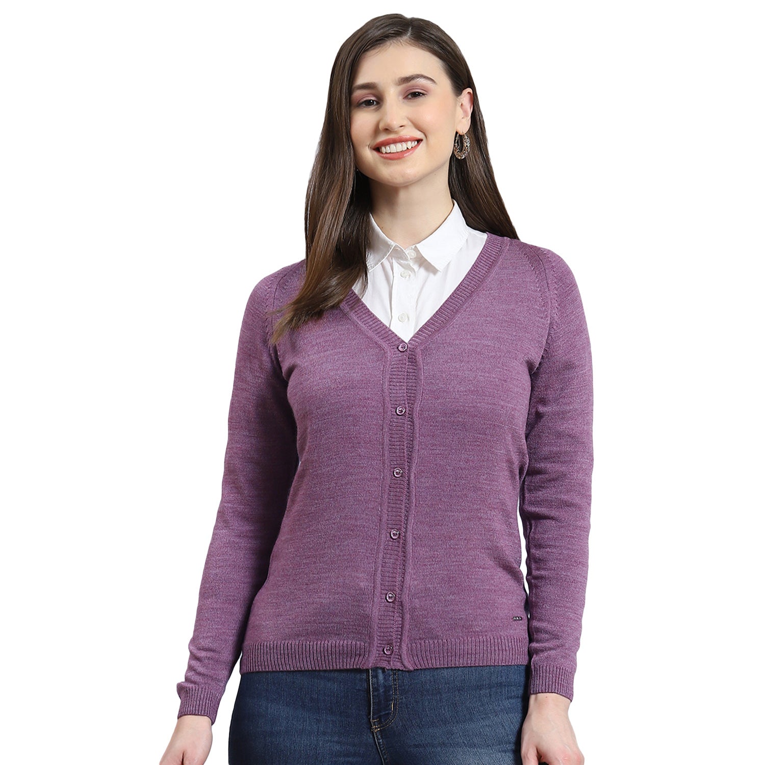 Women Purple Solid V Neck Full Sleeve Cardigan